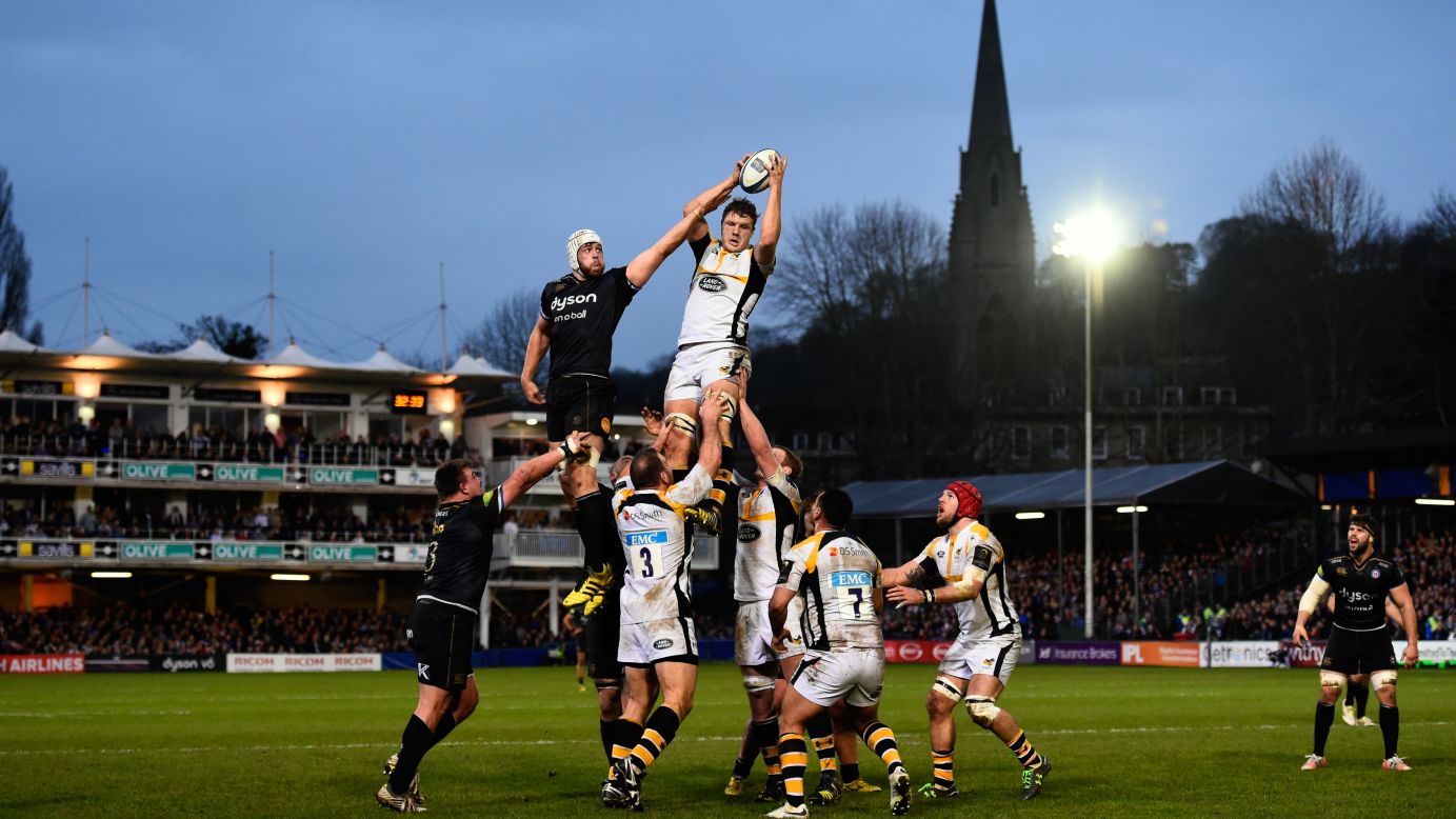Dave Attwood of Bath is beaten in the lineout by Joe Launchbury of the Wasps during the European Rugby Champions Cup match at Recreation Ground in Bath, England, on Saturday, December 19.
