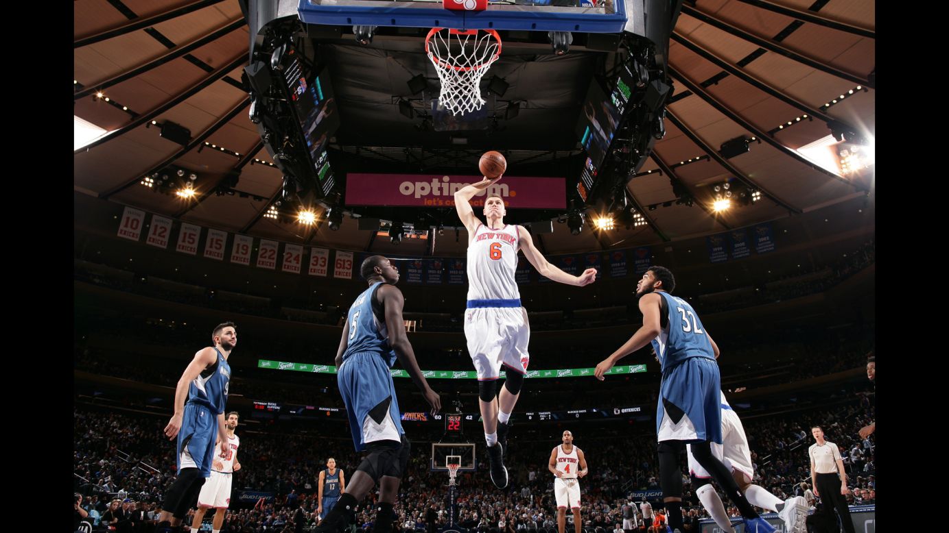 Kristaps Porzingis of the New York Knicks goes for the dunk during the game against the Minnesota Timberwolves on Wednesday, December 16, at Madison Square Garden in New York. 