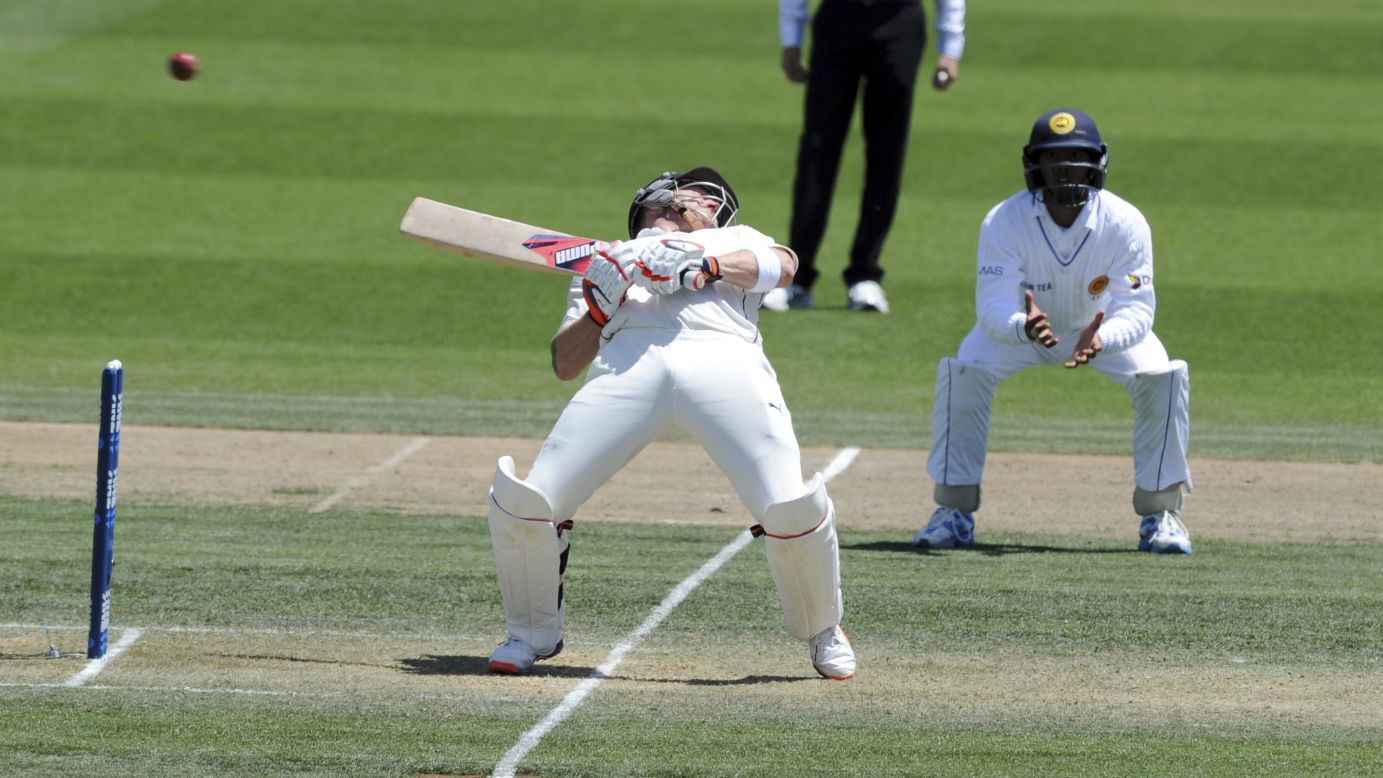 New Zealand's Brendon McCullum ducks against a bouncer from Sri Lanka's Nuwan Pradeep on the second day of the second cricket test in Hamilton, New Zealand, on Saturday, December 19. <br />