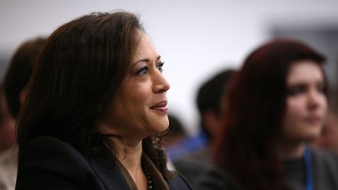 California Attorney General Kamala Harris looks on before delivering a keynote address during a Safer Internet Day event at Facebook headquarters on February 10, 2015 in Menlo Park, California. 