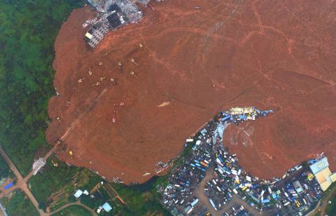 This aerial photo shows the site of the landslide that hit three industrial parks in Shenzhen in south China's Guangdong province on December 21, 2015. 