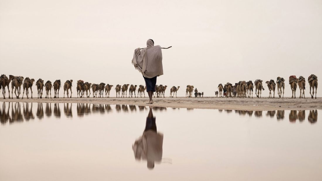 Another "water" category winner shows salt flats in the Danakil Depression in Ethiopia's Afar region. Portuguese photographer Joel Santos's image shows a salt miner taking a camel caravan to a mining site.(Photo: Joel Santos/www.tpoty.com)