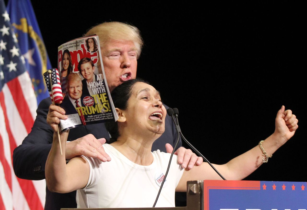 Trump invites Colombian-born super fan Myriam Witcher on the stage during a campaign rally in Las Vegas on October 8. "I am Hispanic and I vote for Mr. Trump. We vote for Mr. Trump!" Witcher exclaimed.