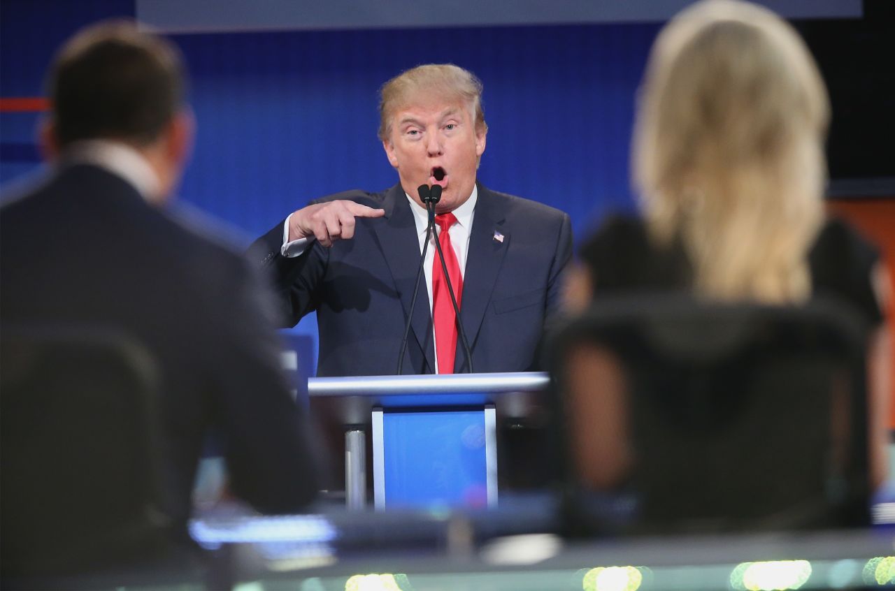 Trump fields a question during the first Republican presidential debate, which was held August 6 in Cleveland. Following the debate, Trump launched what would become an ongoing feud with Fox News host and debate moderator Megyn Kelly, <a href="http://www.cnn.com/2015/08/07/politics/donald-trump-republican-presidential-debate-megyn-kelly/">tweeting and retweeting attacks</a> against Kelly into the early hours of the morning.