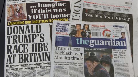 British newspapers showcase reactions to Trump's proposal to ban Muslims from entering the United States. An online petition to ban Trump from entering Britain garnered <a href="http://www.cnn.com/2015/12/09/politics/uk-donald-trump-ban-petition/">more than</a> 300,000 signatures.