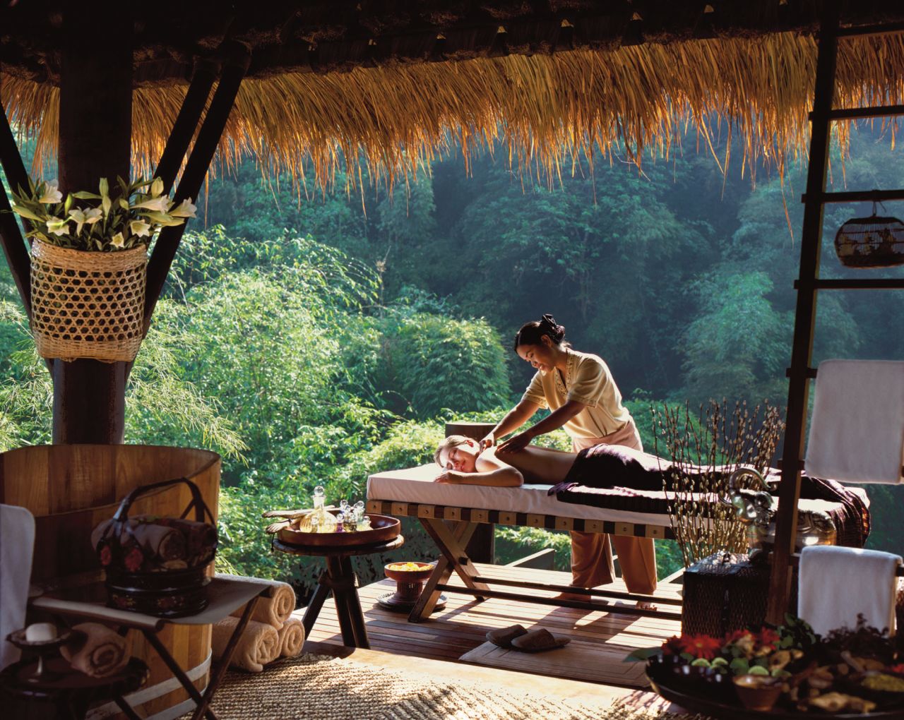 One of the world's most beautiful open-air spas. Most packages include a 90-minute treatment. We recommend waiting till after your mahout training -- straddling elephants is hard on the muscles.