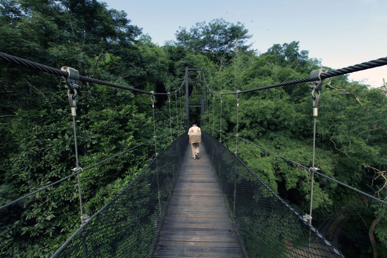 The camp's 15 tents are spread across the side of a forest-covered hill and connected by a lovely trail that includes this hanging bridge.