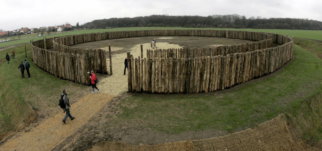 First visitors inspect the reconstructed sun-observatory in Goseck, eastern Germany, during the site's inauguration on winter solstice December 21, 2005. 