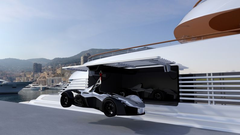 "The idea came out of a conversation about how great it would be to arrive at a port, lift off a couple of single-seater cars and then go and explore the mountain passes, ending up at the top of a mountain somewhere and looking down to the ocean and seeing the yacht there smiling back at you," Briggs says. "It's not a case of needing transport when you get to land, as people can ring for a limousine and go around in a Rolls Royce, but more about having that toy readily available to you."