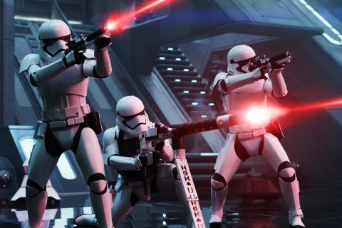 <strong>First Order Troopers</strong>, with new weapons and armor design for the sequels. These days, the stormtroopers' weapons are custom-made (and include flamethrowers!), but in the original trilogy, they were crafted from real firearms by Roger Christian and the prop team.<br /><br /><a href="https://www.cnn.com/2015/12/15/entertainment/star-wars-millennium-falcon-roger-christian-feat/index.html" target="_blank"><em>Read more: How we built the Millennium Falcon</em></a>