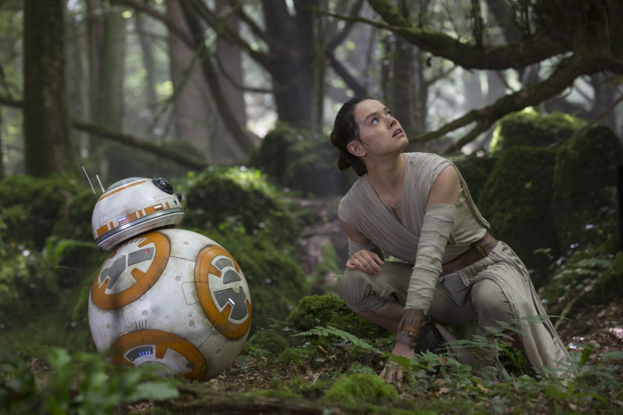 <strong>BB-8</strong>, an astromech droid, with Rey. Built from a concept by Abrams and brought to life by Neal Scanlan, Matt Denton and Josh Lee, he's a fan favorite. We can sense R2-D2's jealousy from here.
