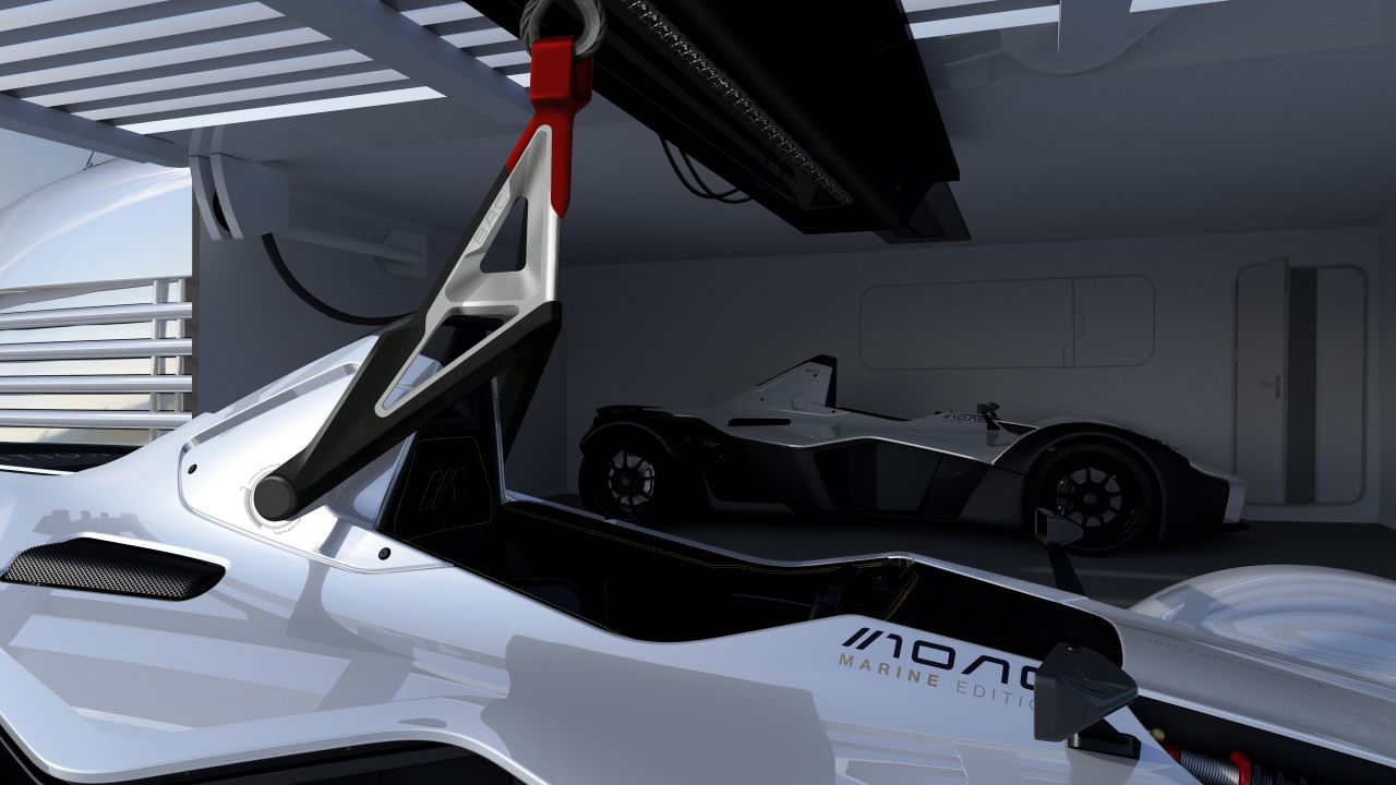 The Mono Marine Edition, which weighs in at just 580kg (1278lbs) -- a third of the weight of a Ferrari -- also comes complete with a carbon-fibre crane arm to help transport it on and off any superyacht, while its strengthened chassis boasts lifting points for it to be loaded and unloaded with ease.