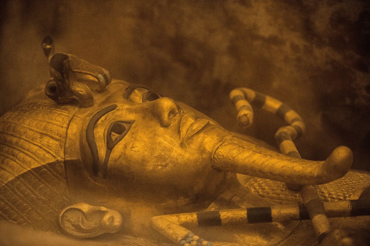 The sarcophagus of King Tutankhamun displayed in his burial chamber in in the Valley of the Kings.