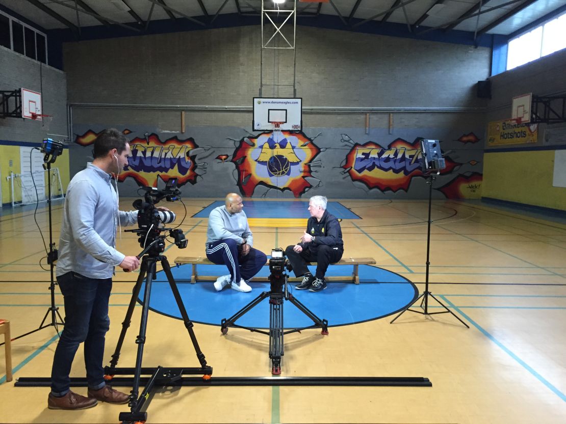 John Amaechi (left) and Bob Martin during filming of "The Power of Sport." 