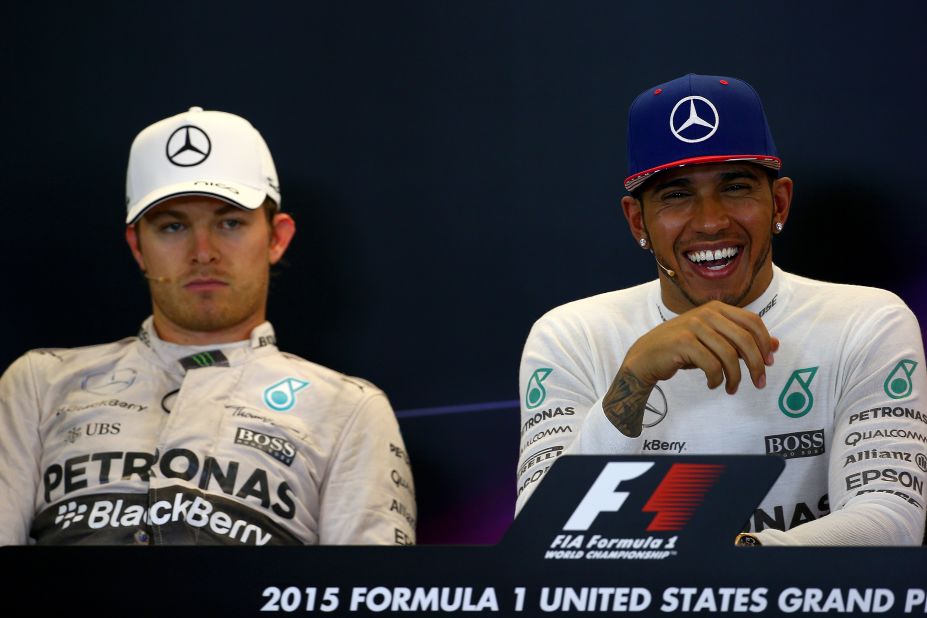 A smiling Lewis Hamilton and a dejected Nico Rosberg after October's United States Grand Prix where the Briton clinched his third Formula One world title. The Mercedes driver insists that the working relationship is good with his German teammate. 