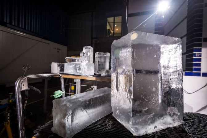 These crystal clear ice blocks used for the wheels are made by freezing softened water taken from a running source. 