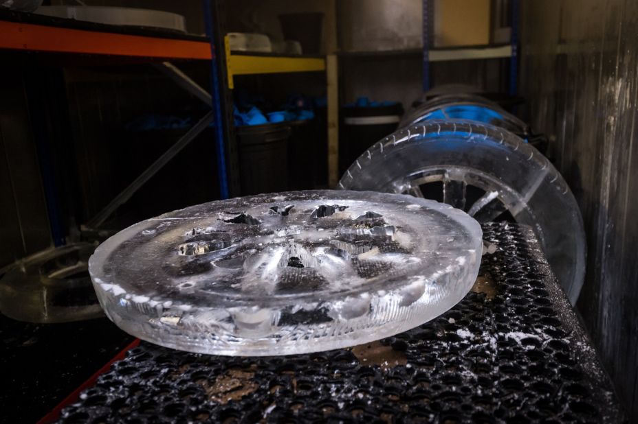 Augmented by acrylic inserts, these ice wheels and tires would be fitted onto a frozen crossover vehicle for support.