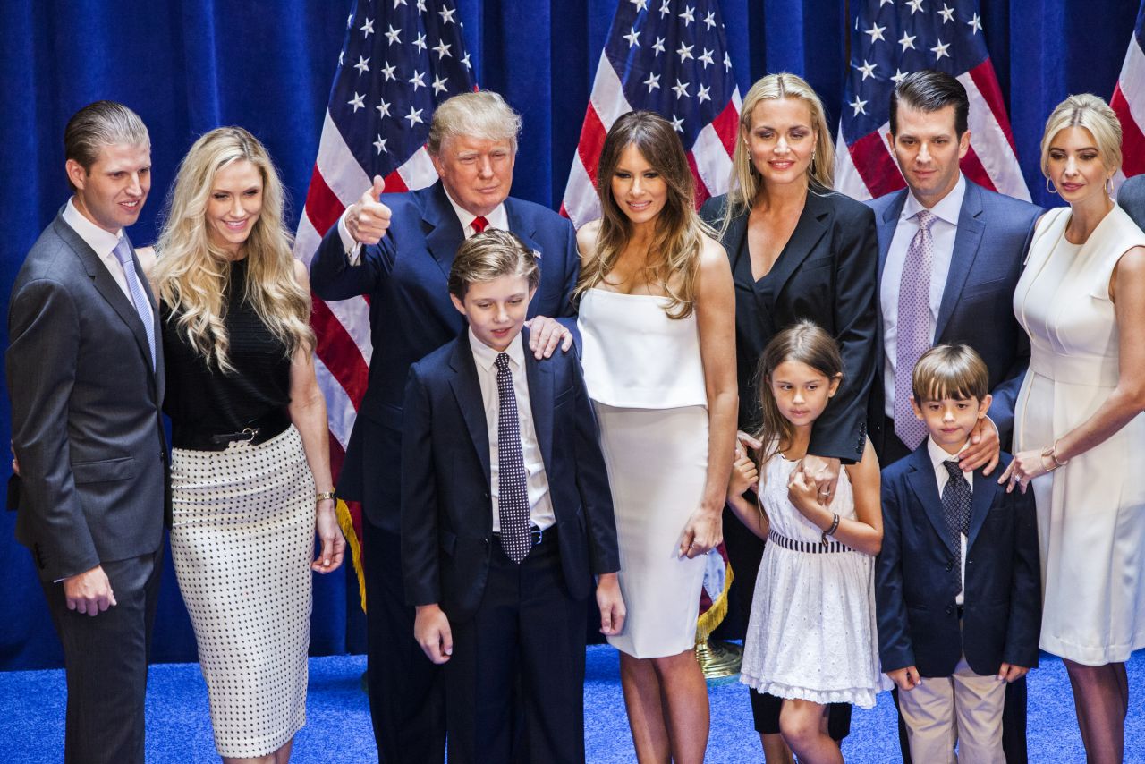Trump poses with his family after he<a href="http://www.cnn.com/2015/06/16/politics/donald-trump-2016-announcement-elections/"> announced his candidacy</a> June 16 at Trump Tower in New York. Pictured with Trump, from left to right, are Trump's son Eric Trump, daughter in-law Lara Yunaska Trump, son Barron Trump, wife Melania Trump, daughter-in-law Vanessa Haydon Trump, granddaughter Kai Madison, son Donald Trump Jr., grandson Donald John Trump III, and daughter Ivanka Trump. Trump called for erecting a massive wall on the U.S.-Mexico border and said Mexican immigrations are 'bringing drugs. They're bringing crime. They're rapists. And some, I assume, are good people."