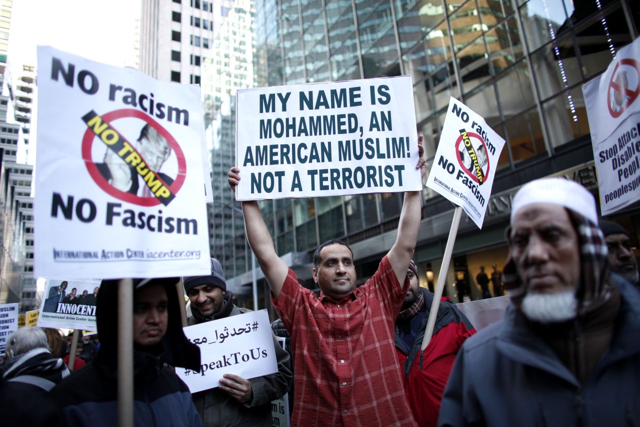 A group of Muslim-Americans rally in front of New York's Trump Tower on December 20 to protest Trump's proposal to ban Muslims.