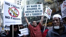 A group of Muslim Americans take part in a rally in front of Trump Tower December 20, 2015 in New York City. Trump proposed a call for a ban on Muslims entering the United States. 