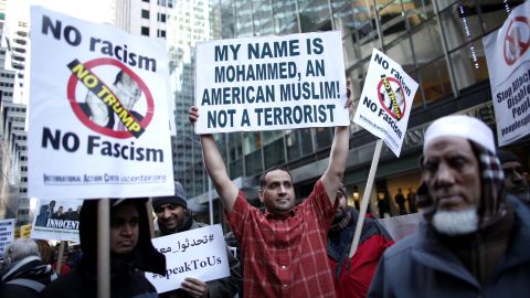 A group of Muslim-Americans rally in front of New York's Trump Tower on December 20 to protest Trump's proposal to ban Muslims.