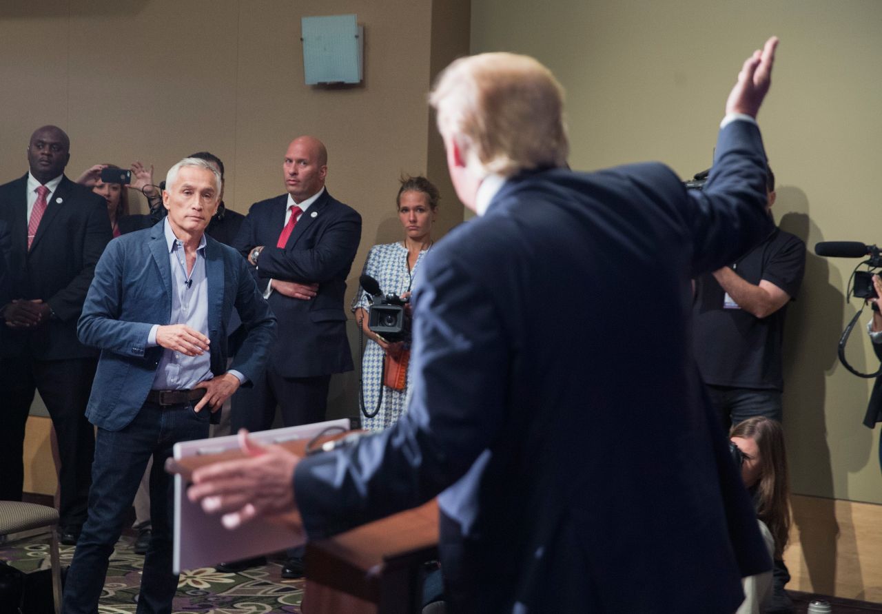 Trump takes a question from Univision and Fusion anchor Jorge Ramos during a press conference at the Grand River Center in Dubuque, Iowa, on August 25. Earlier, Trump had Ramos <a href="http://www.cnn.com/2015/08/25/politics/donald-trump-megyn-kelly-iowa-rally/">removed from the room</a> after the two squabbled over Trump's immigration stance. "Sit down. Sit down. Sit down," Trump said, adding, "Go back to Univision."