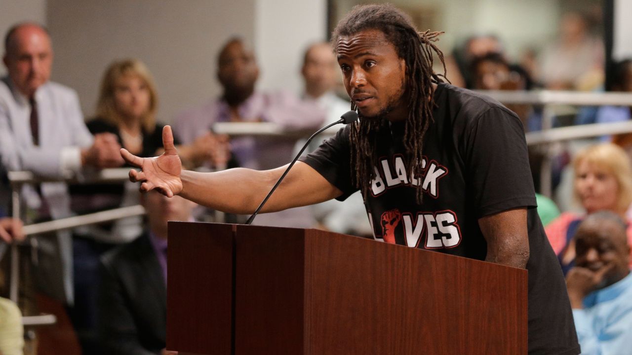 Activist Muhiyidin d'Baha took the call for action into a North Charleston, South Carolina, City Council after the killing of Walter Scott by a North Charleston police officer.