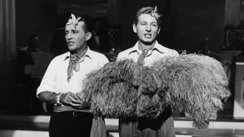 Bing Crosby, left, and Danny Kaye perform as singers Bob Wallace and Phil Davis in a scene from the film "White Christmas." The two characters are Army pals turned singer/producers after World War II.