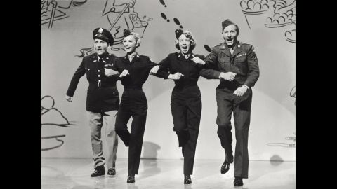 From left, Crosby, Vera-Ellen, Clooney and  Kaye do a number in the movie "White Christmas."