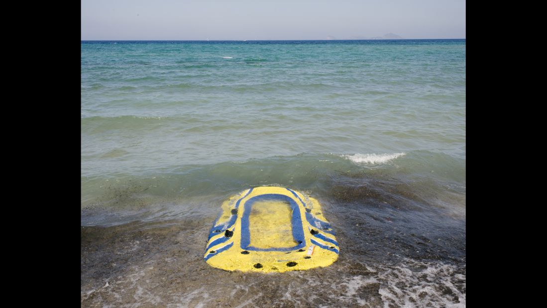 This lifeboat was left behind on the beach by migrants.