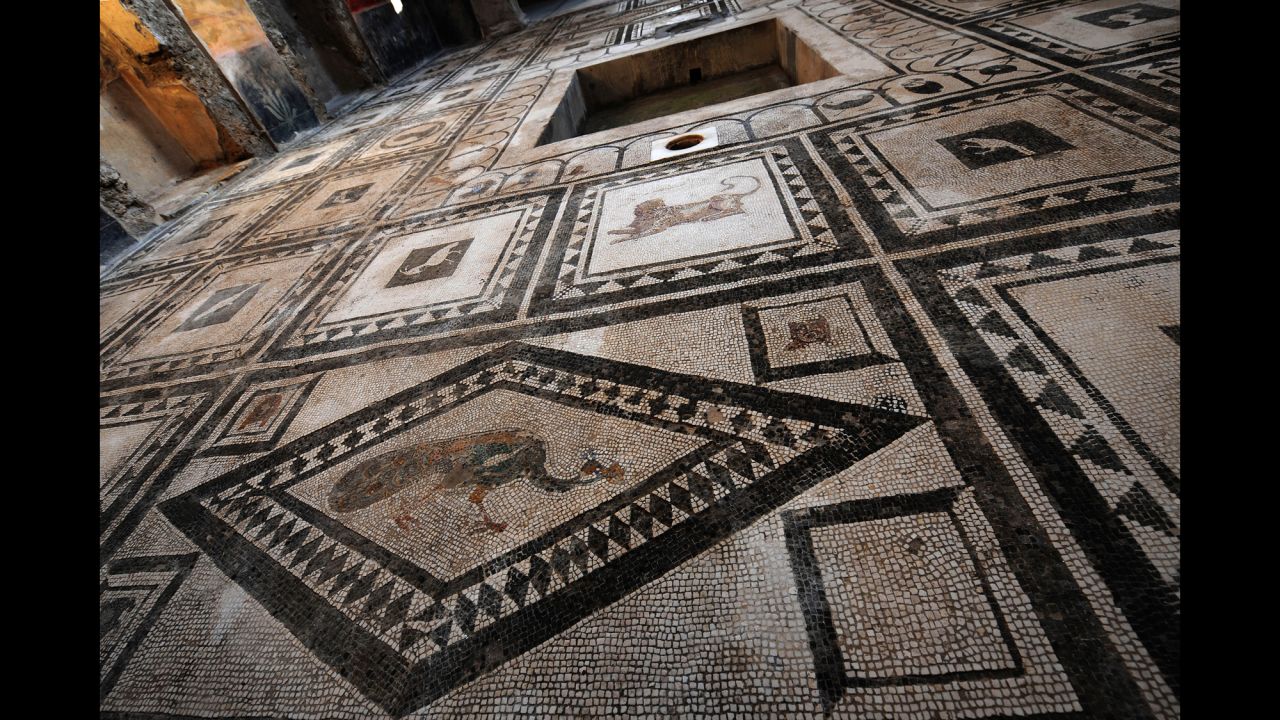 A floor covered with mosaics is seen inside the Pacuius Proculus Domus.