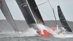 Supermaxi yacht Comanche (C) leads Perpetual Loyal (R) and Wild Oats XI (L) at the start of the Sydney to Hobart yacht race in Sydney Harbour on December 26, 2015.  AFP PHOTO / Peter PARKS  IMAGE 
RESTRICTED TO EDITORIAL USE - STRICTLY NO COMMERCIAL USE / AFP / PETER PARKS        (Photo credit should read PETER PARKS/AFP/Getty Images)