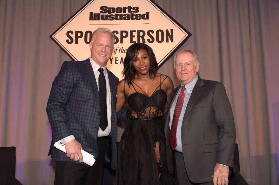 Nicklaus was honored with Sports Illustrated's Muhammad Ali Legacy Award in New York on December 15, 2015, while Serena Williams was named the magazine's Sportsperson of the Year. They are pictured with NFL legend Boomer Esiason.