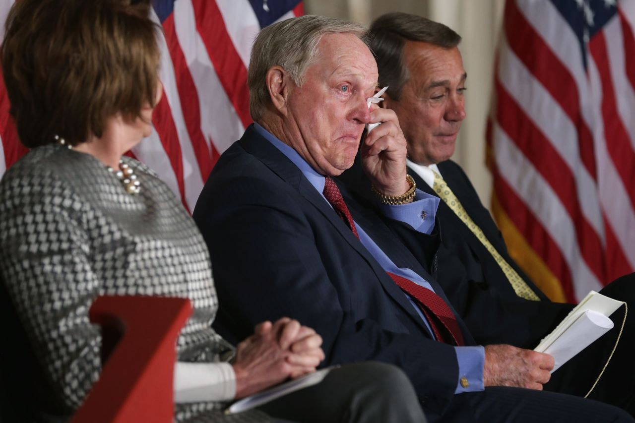 Jack Nicklaus wipes away tears after listening to the laudatory remarks of his son Jack Jr. before receiving the Congressional Gold Medal in 2015.   