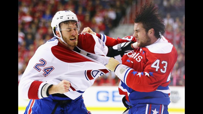 Montreal's Jarred Tinordi, left, fights Washington's Tom Wilson during an NHL game in Washington on Saturday, December 26.