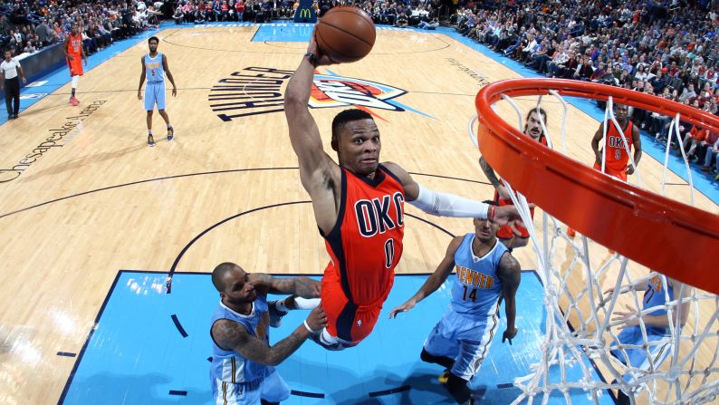 Oklahoma City guard Russell Westbrook throws down a dunk against Denver on Sunday, December 27.