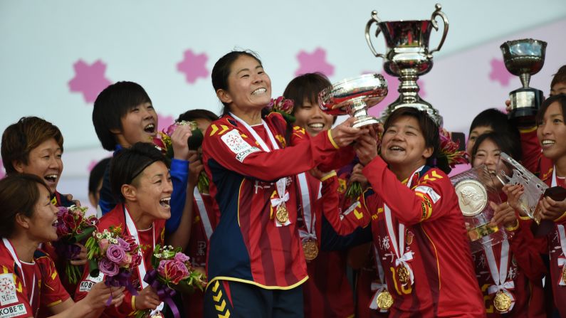 INAC Kobe Leonessa, a women's soccer team from Kobe, Japan, lifts the Empress's Cup after winning the tournament final in Kawasaki, Japan, on Sunday, December 27.
