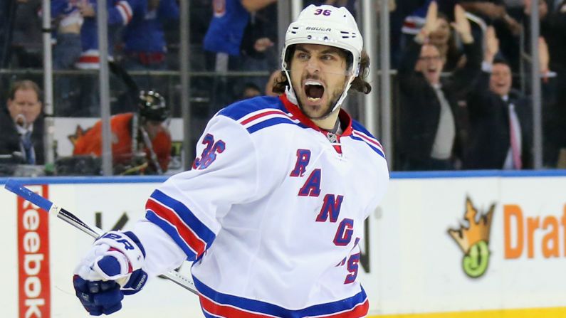 New York Rangers forward Mats Zuccarello celebrates after he scored a game-winning overtime goal during an NHL game against Anaheim on Tuesday, December 22.