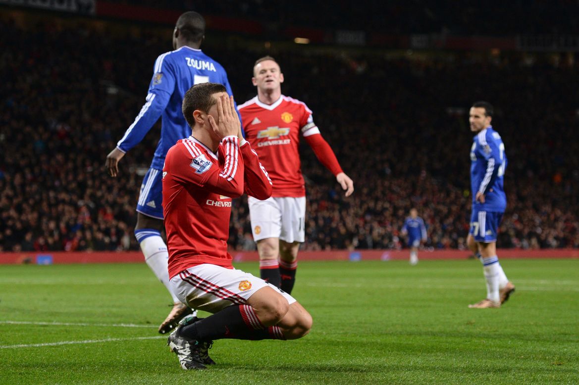 Manchester United's Ander Herrera reacts after being denied from close range by Chelsea goalkeeper Thibaut Courtois.
