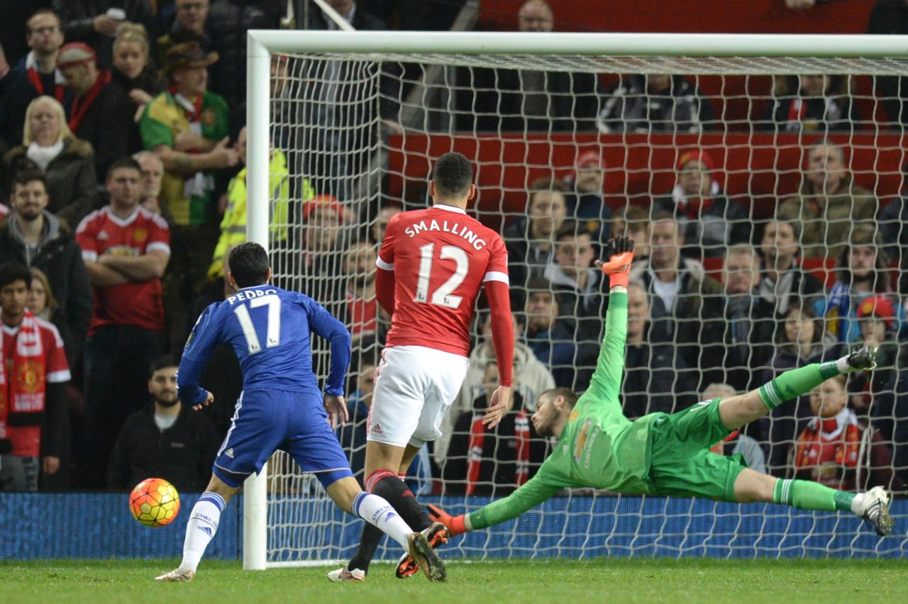 At the other end, United's goalkeeper David de Gea was also in top form -- here denying fellow Spaniard Pedro.