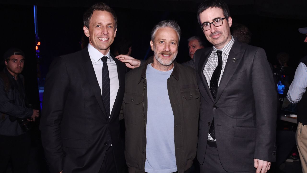Jon Stewart, center, is one of the most recognized faces in comedy, having hosted the popular satire show "The Daily Show" on Comedy Central. His net worth is estimated to be about $80 million.    