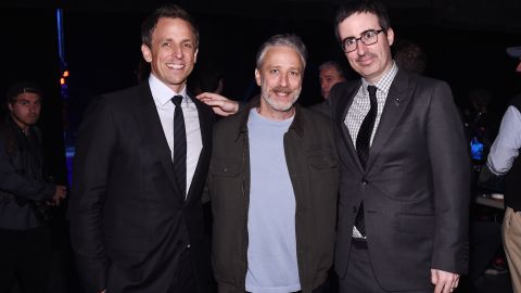 Jon Stewart, center, is one of the most recognized faces in comedy, having hosted the popular satire show "The Daily Show" on Comedy Central. His net worth is estimated to be about $80 million.