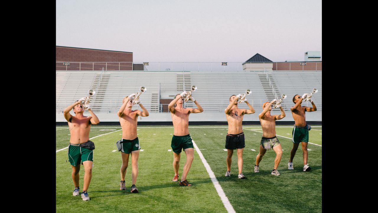 Trumpet players from Madison Scouts Drum & Bugle Corps rehearse their formations.