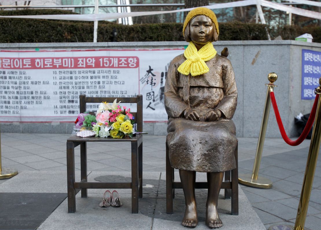 The Japanese government requested South Korea remove this statue symbolizing "comfort women" which currently sits in front of the Japanese Embassy in Seoul, South Korea. 