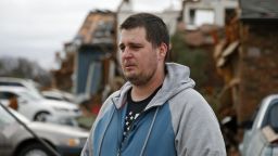 GARLAND, TX - DECEMBER 28: Josh White, 25, a resident at Landmark at Lake Village North Apartments gets emotional recounting how he lived through the event as the recovery process begins following tornadoes which hit the area late Saturday night December 28, 2015 in Garland, Texas. A meteorolocical assault of tornadoes, blizzards and heavy rain have left dozens dead and a large path of property damage in the Central, U.S. (Photo by Stewart F. House/Getty Images)