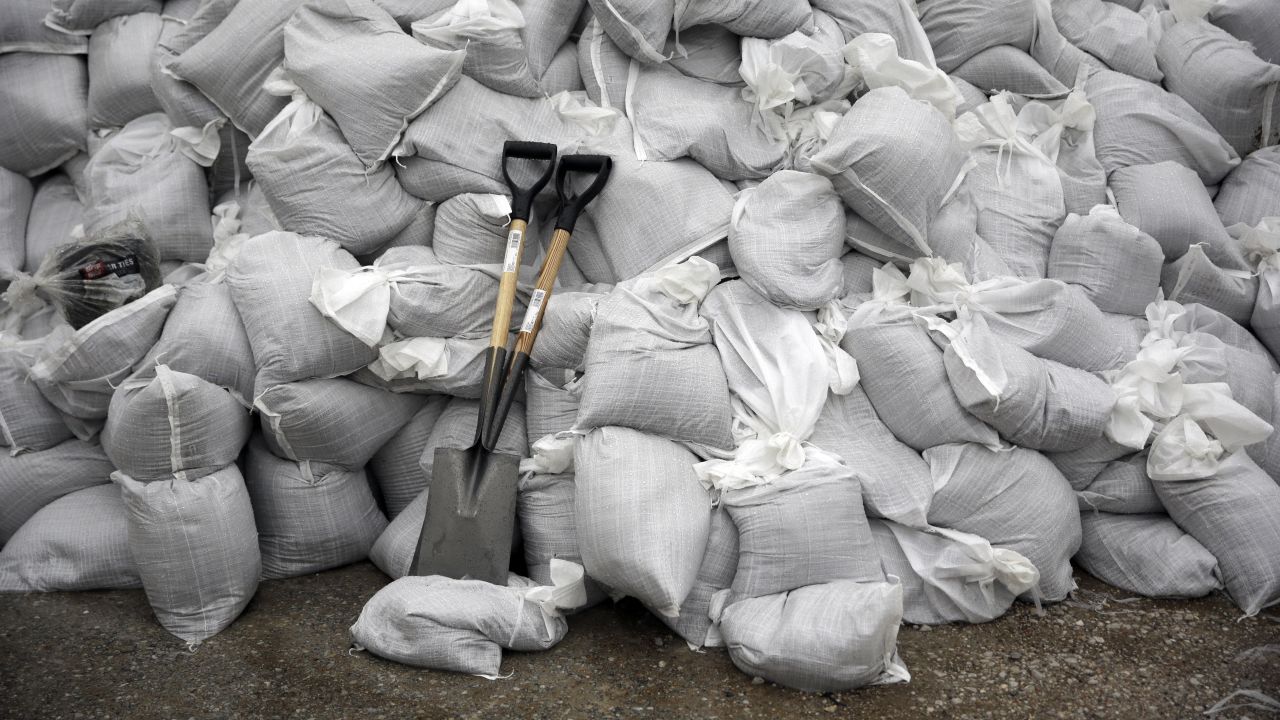 Shovels lean against a sandbag wall in Kimmswick, Missouri, on Monday, December 28.