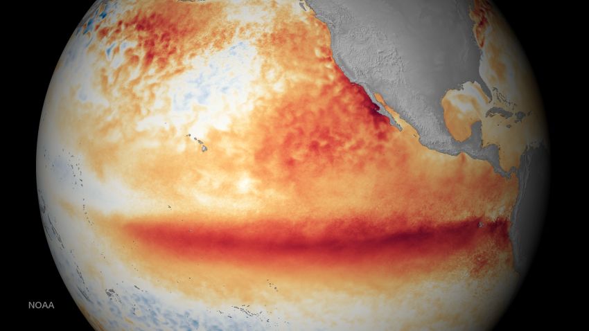 This satellite image shows sea surface temperatures in October 2015. Orange-red colors are above normal temperatures and are indicative of El Niño.