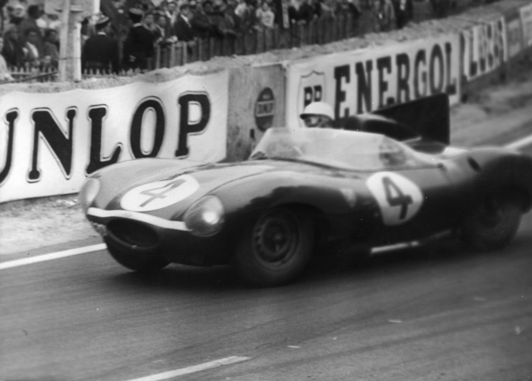 Britain's Ninian Sanderson and Ron Flockhart drive a Jaguar D-type to victory in the Le Mans 24-hour classic in 1956.  