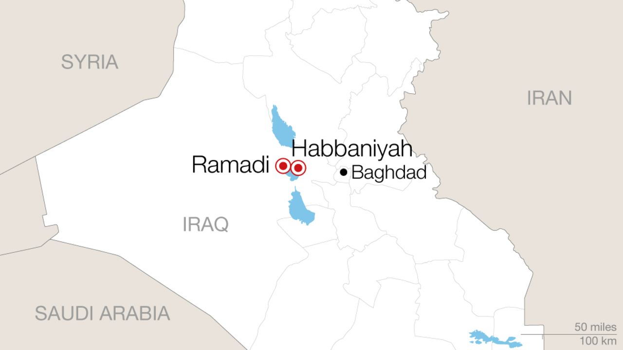 Hundreds of families have fled fighting in Ramadi for a camp 25 miles east in Habbaniyah.