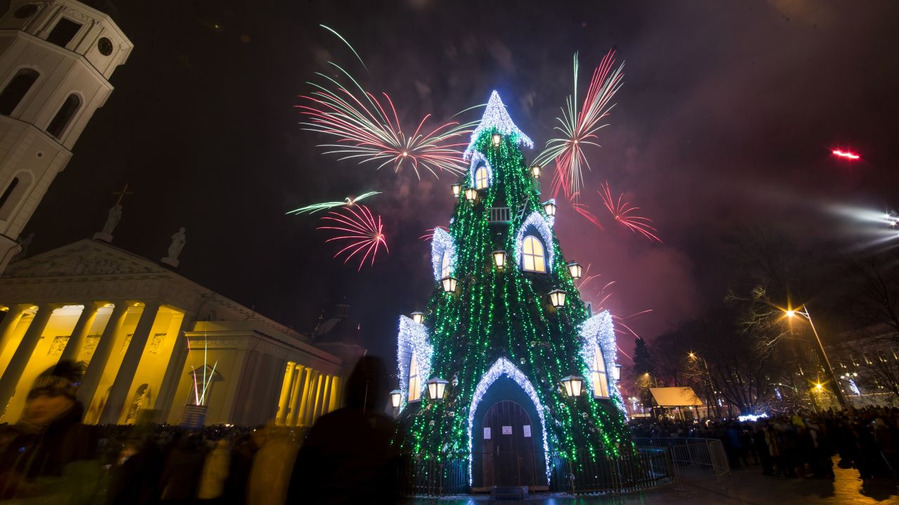 Fireworks light the sky above Cathedral Square in Vilnius, Lithuania, shortly after midnight during the New Year's Eve celebrations.
